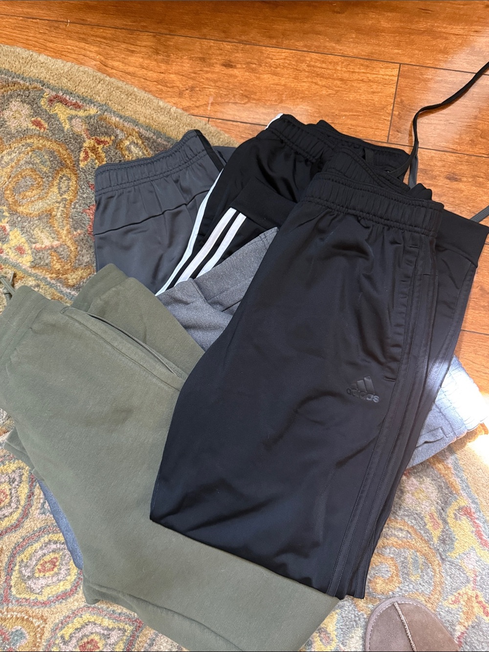 adidas B/w, all black G/B track pants silky -Olive and Grey Athletic Joggers